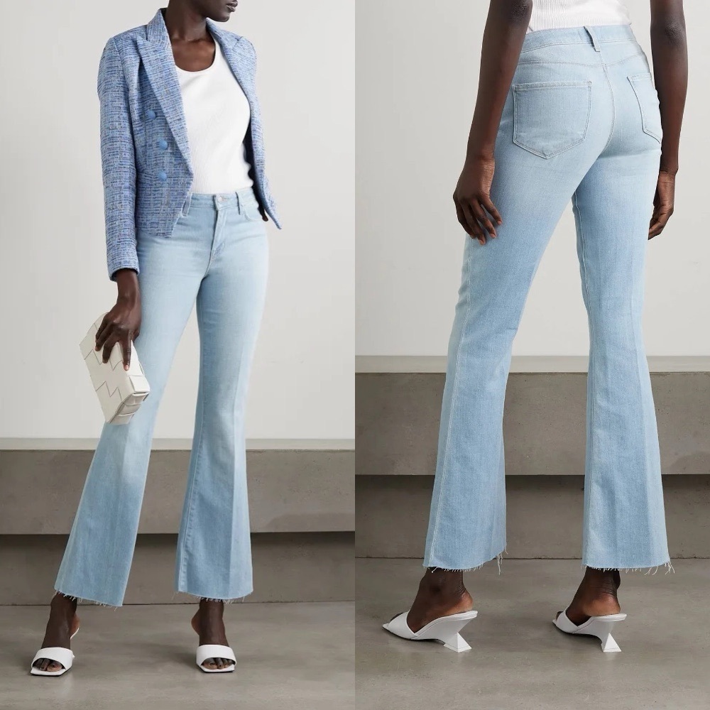 L’AGENCE Sera High Rise Flare Jeans 27 Blue Cloud Light Wash Raw Hem - Picture 3 of 15